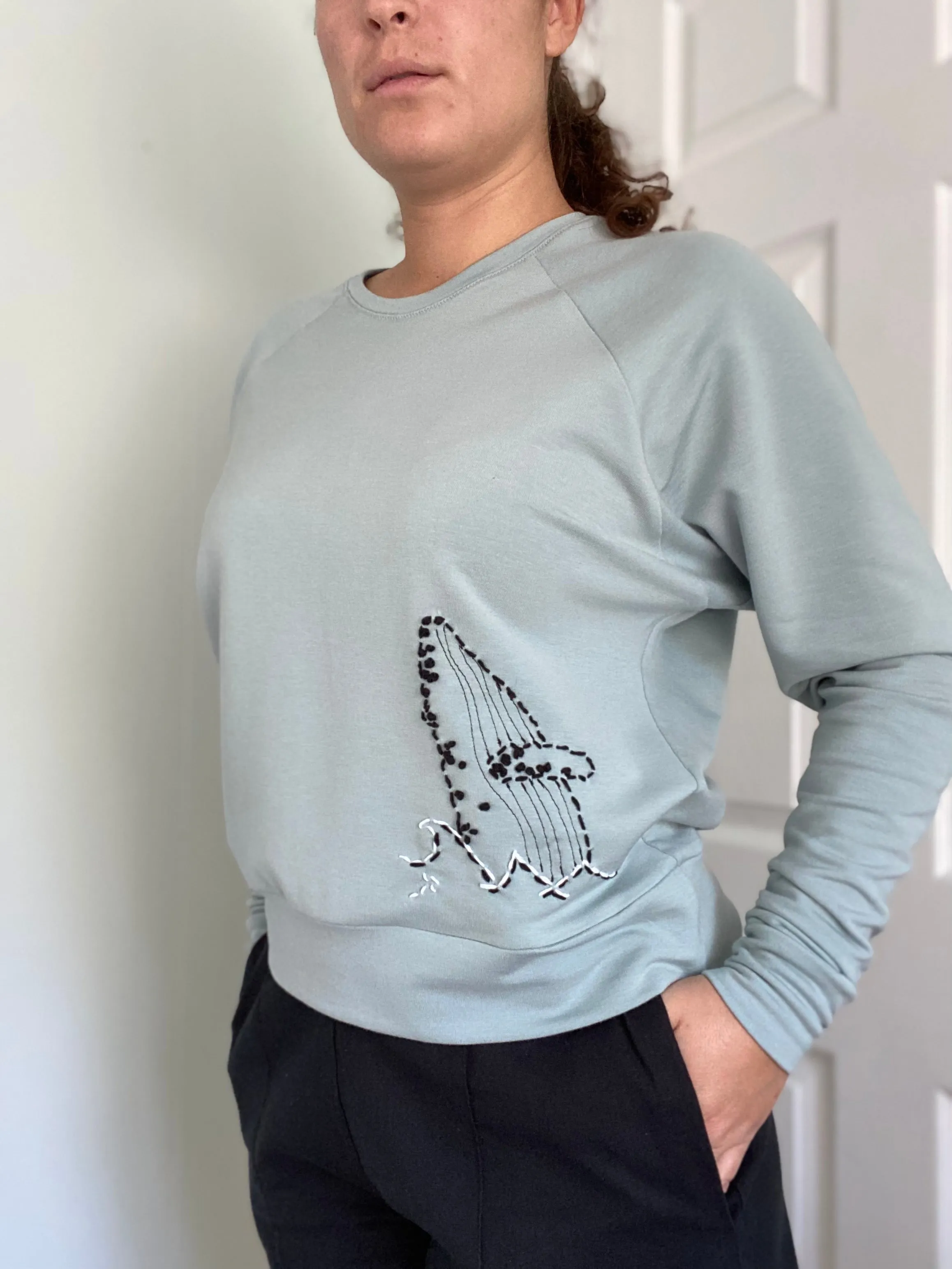 Mint Green Sweater with Whale Hand Embroidery