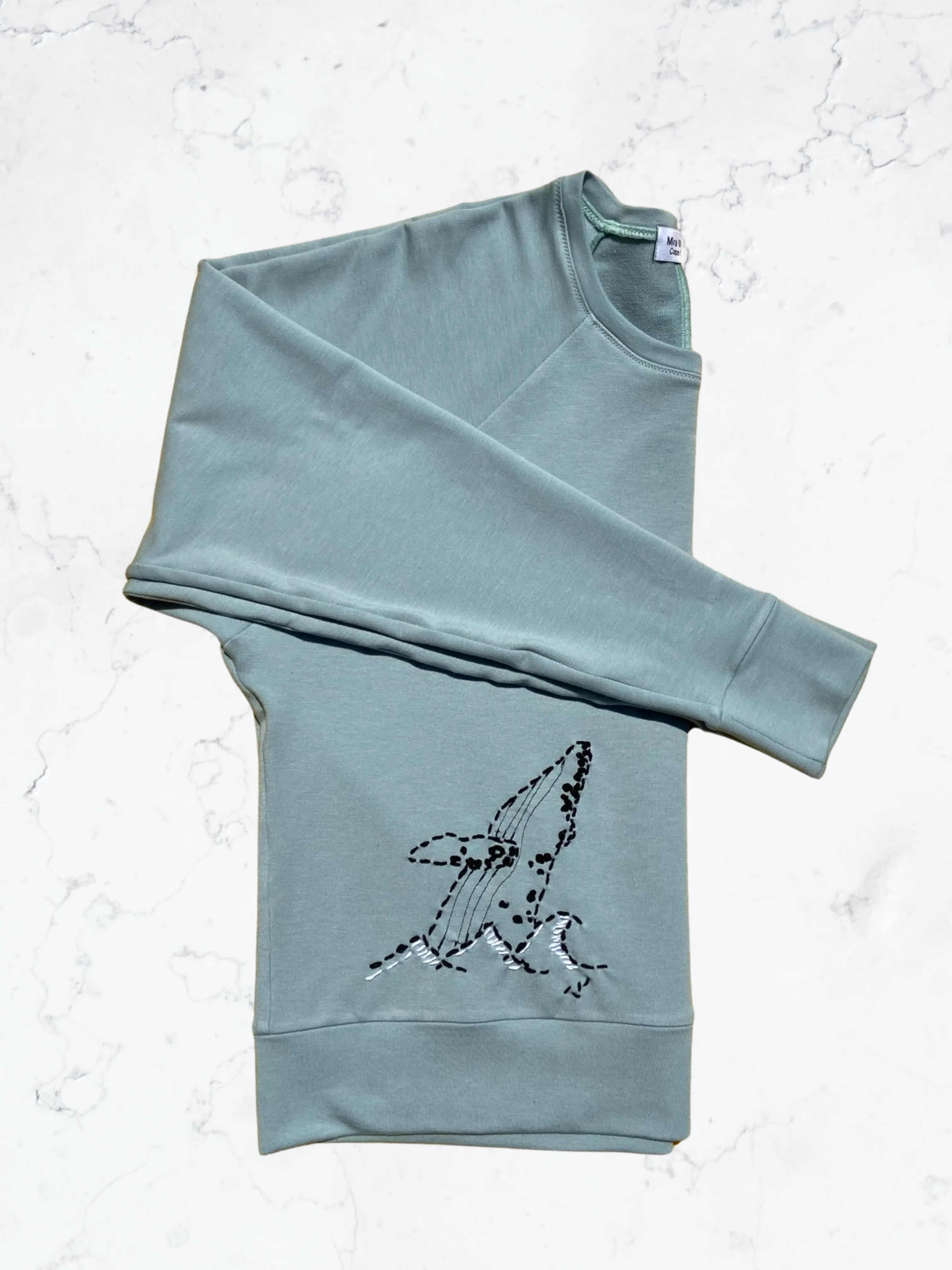 Mint Green Sweater with Whale Hand Embroidery