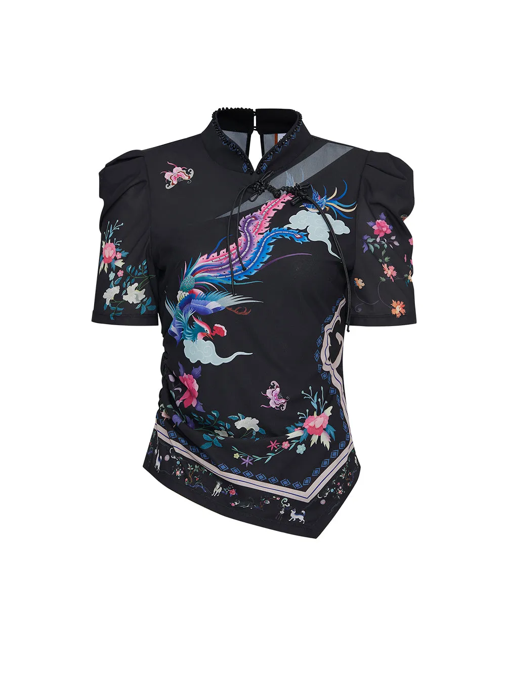 MUKZIN Chinese Style Small Stand Collar Printed Hollow Short T-shirt