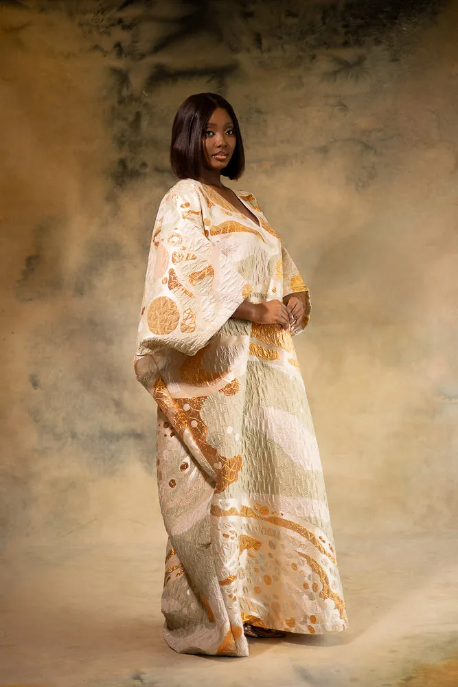 NADIJAH REGAL KAFTAN - BEIGE, CREAM, LIGHT GREEN & COPPERY ORANGE