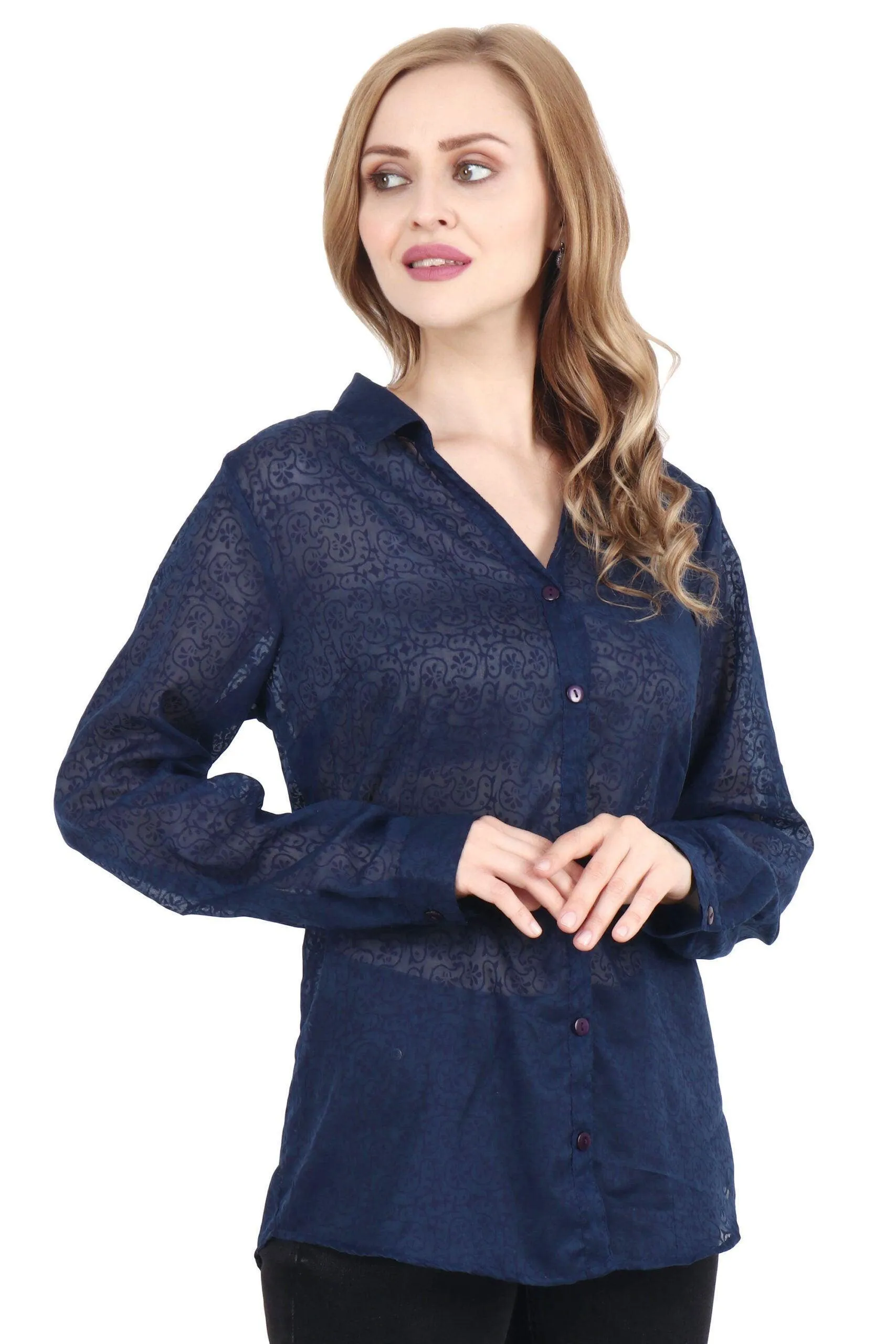 Navy Blue Embedded Print Shirt