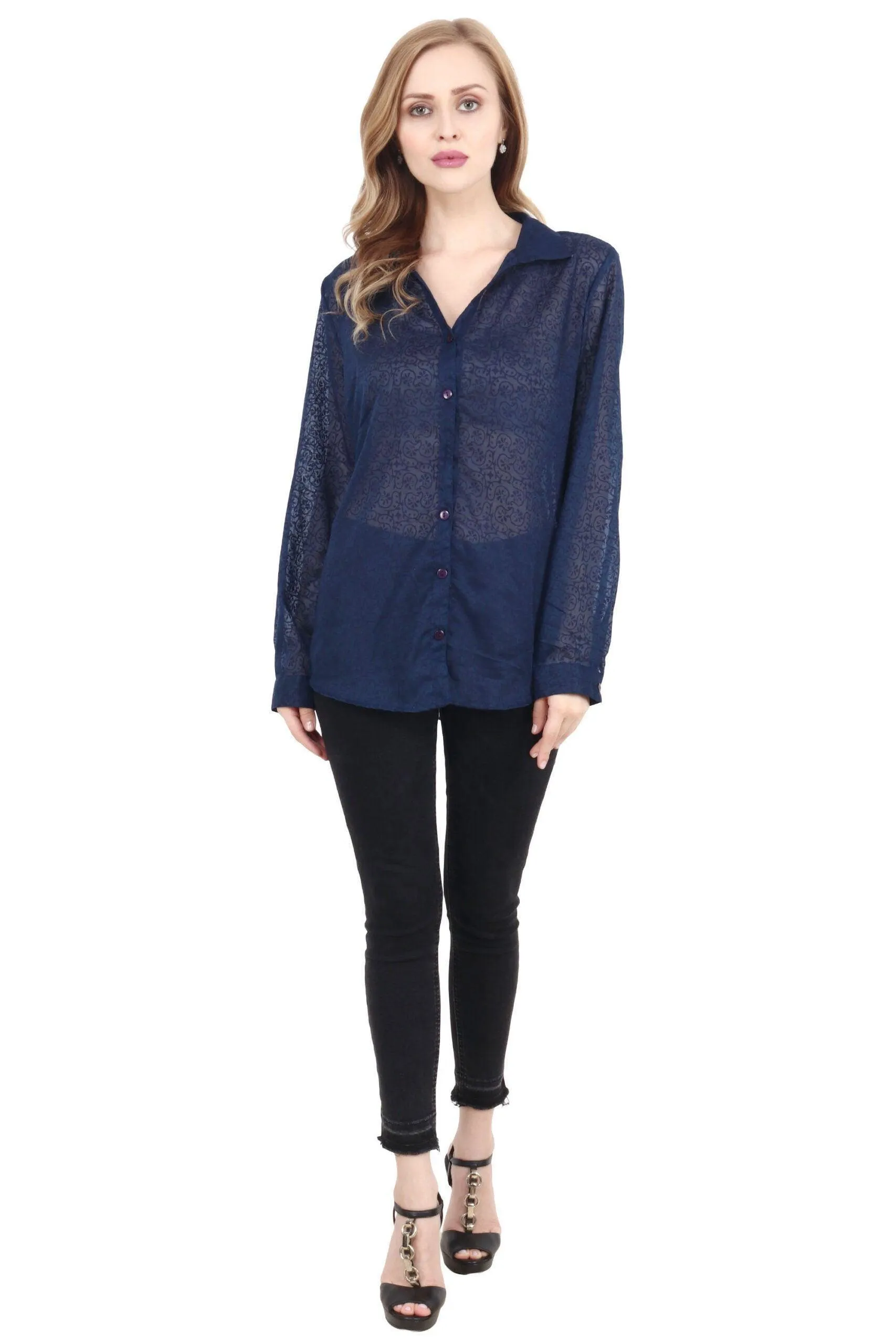 Navy Blue Embedded Print Shirt