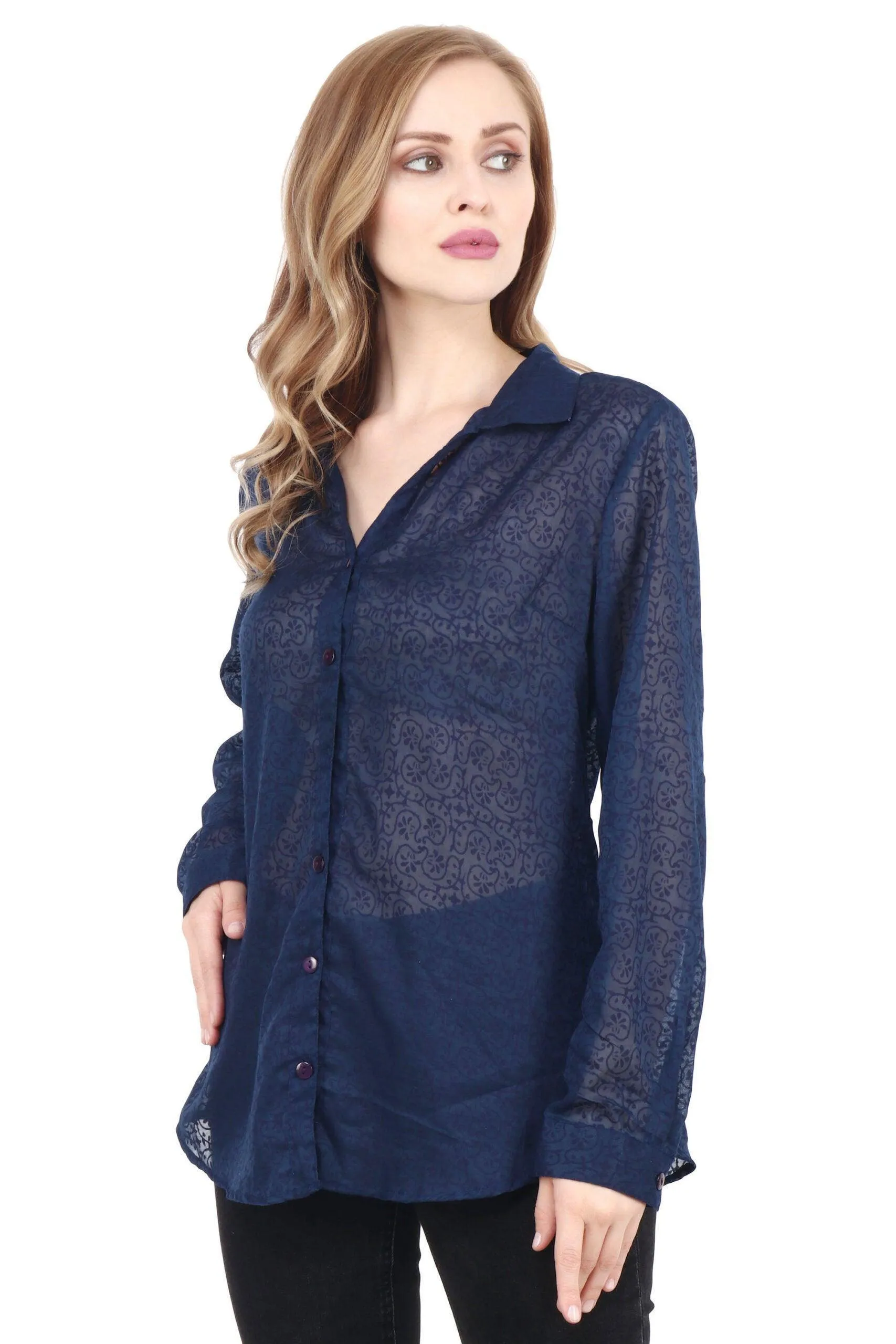 Navy Blue Embedded Print Shirt