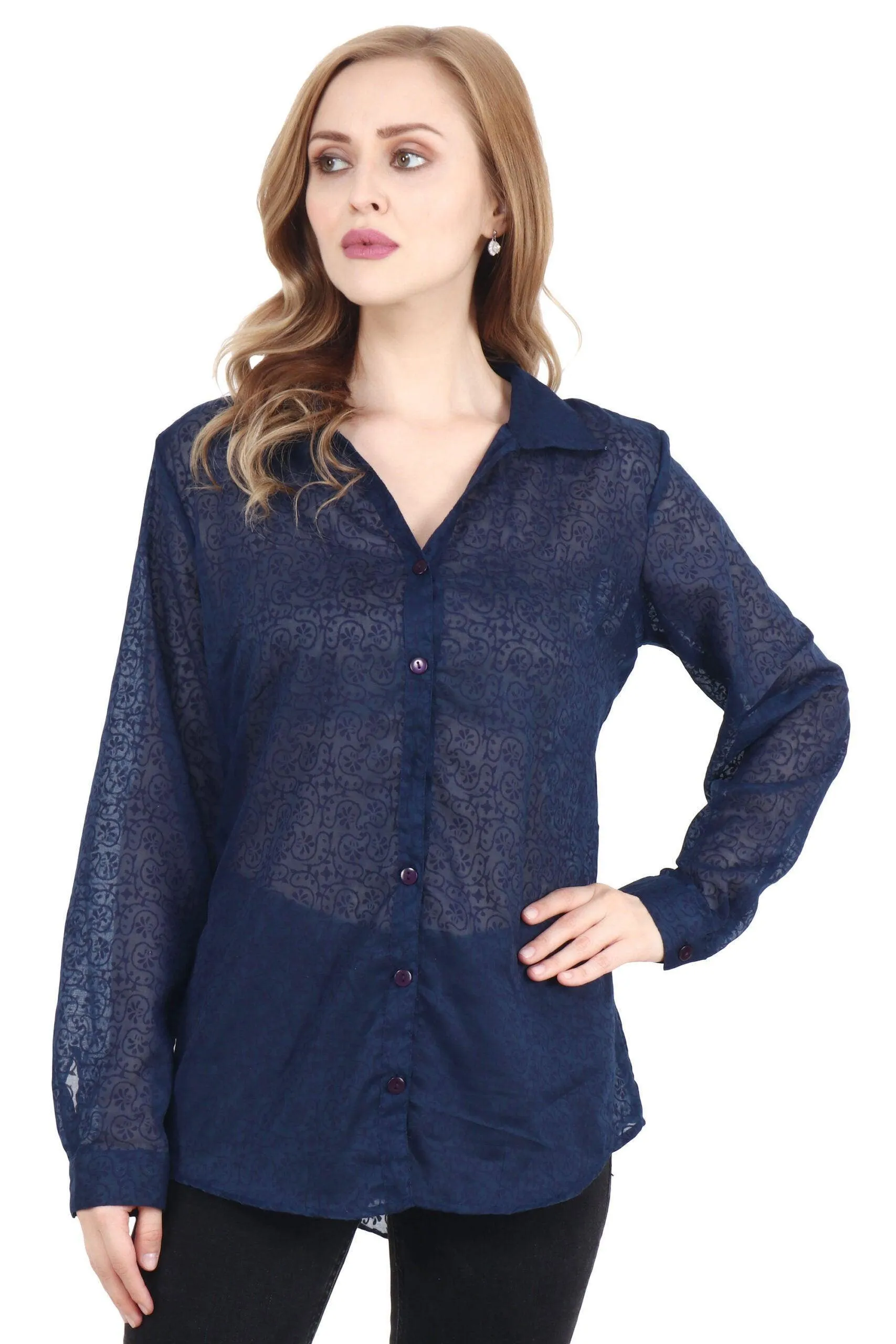 Navy Blue Embedded Print Shirt