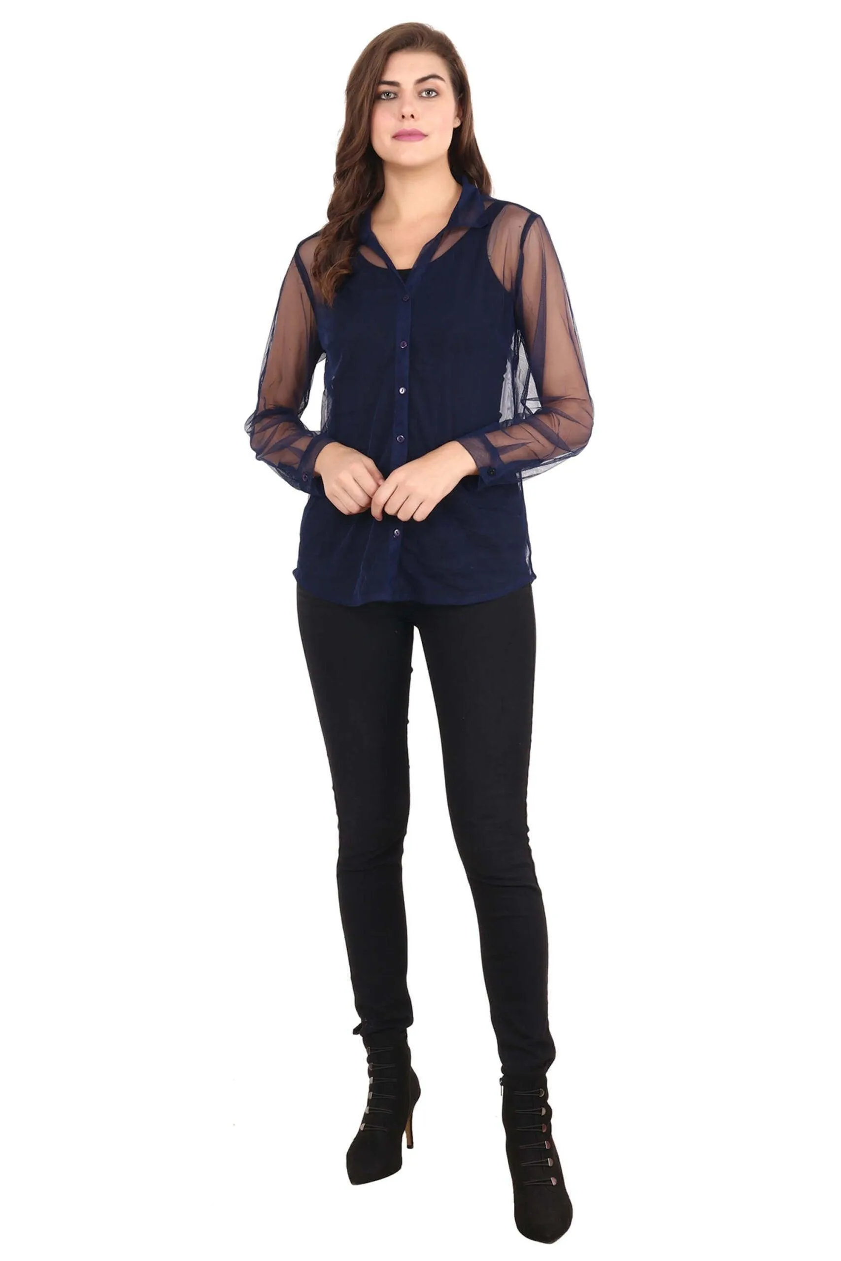 Navy Blue Solid Sheer Shirt