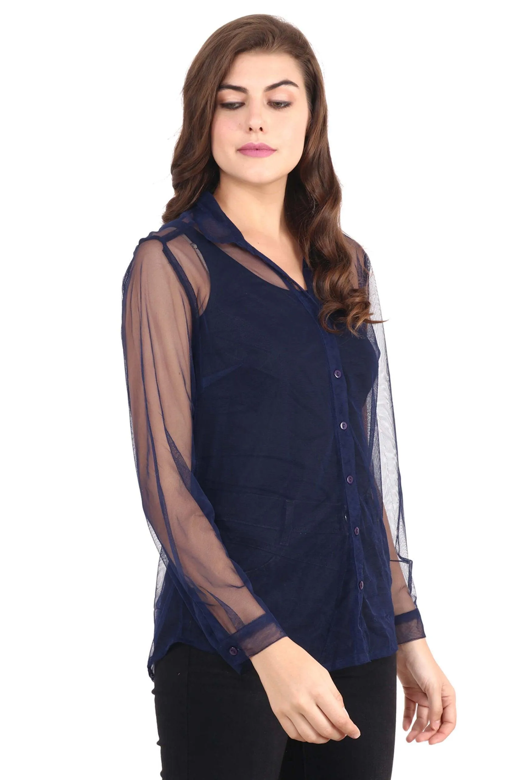 Navy Blue Solid Sheer Shirt