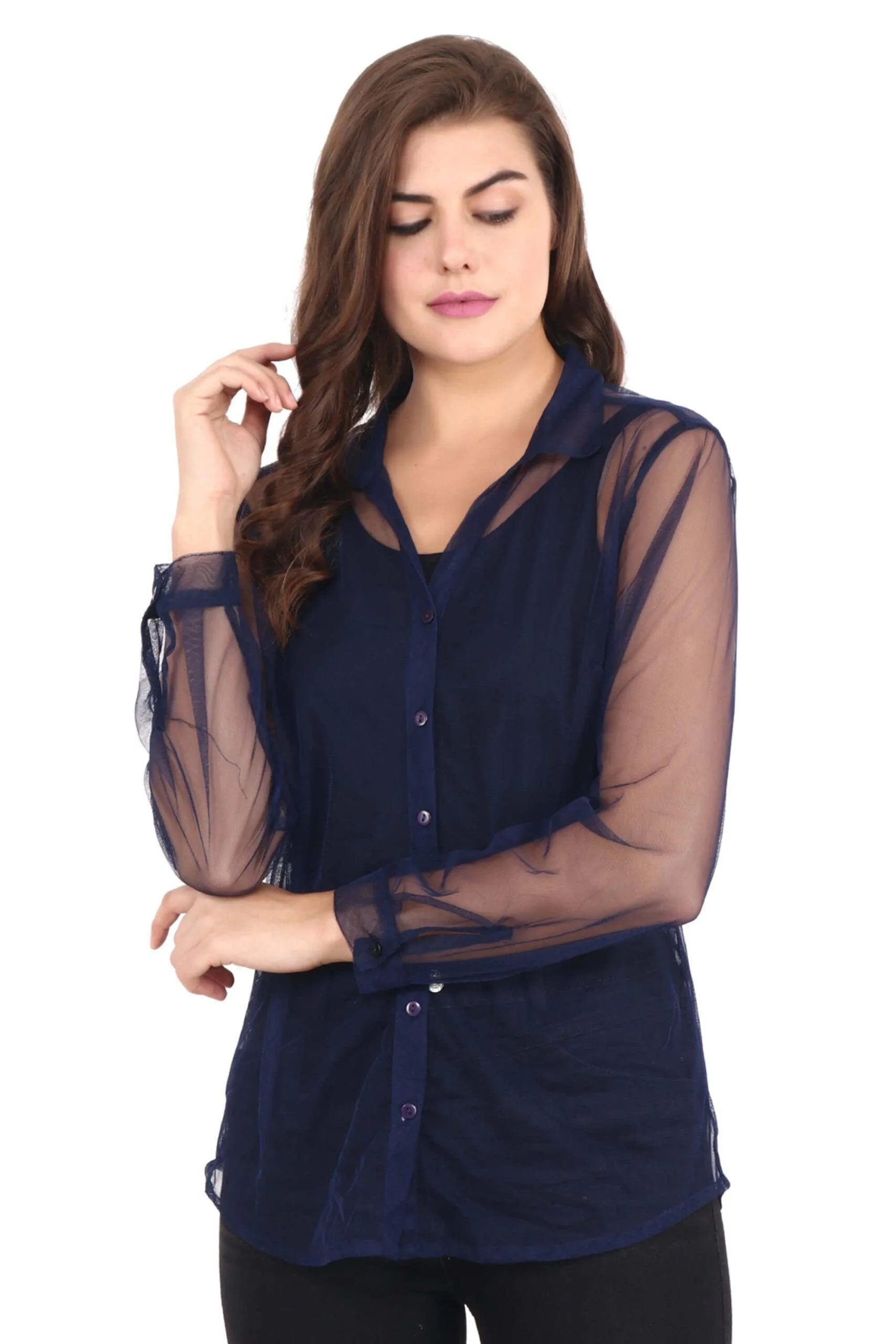 Navy Blue Solid Sheer Shirt