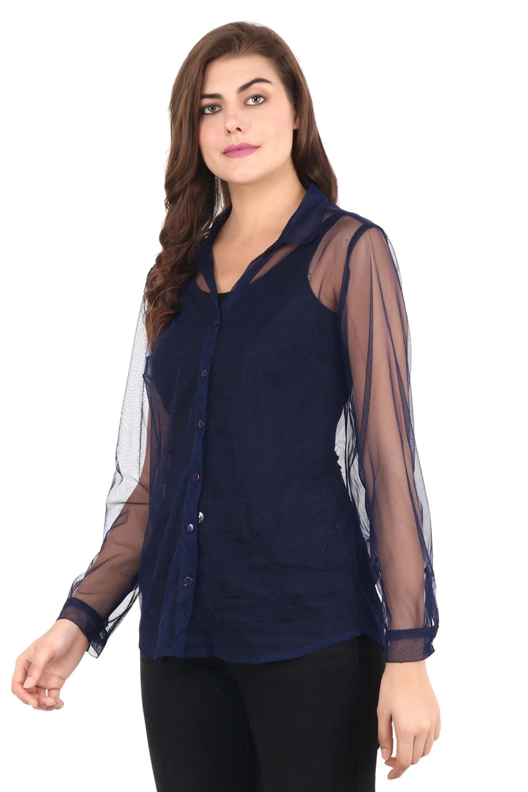 Navy Blue Solid Sheer Shirt