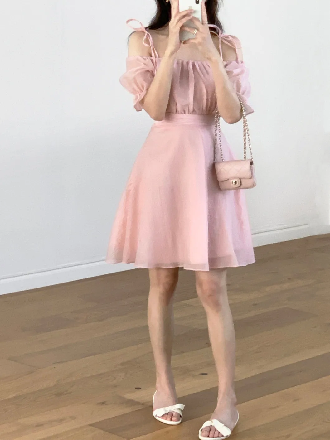 Off-shoulders pink love mini dress