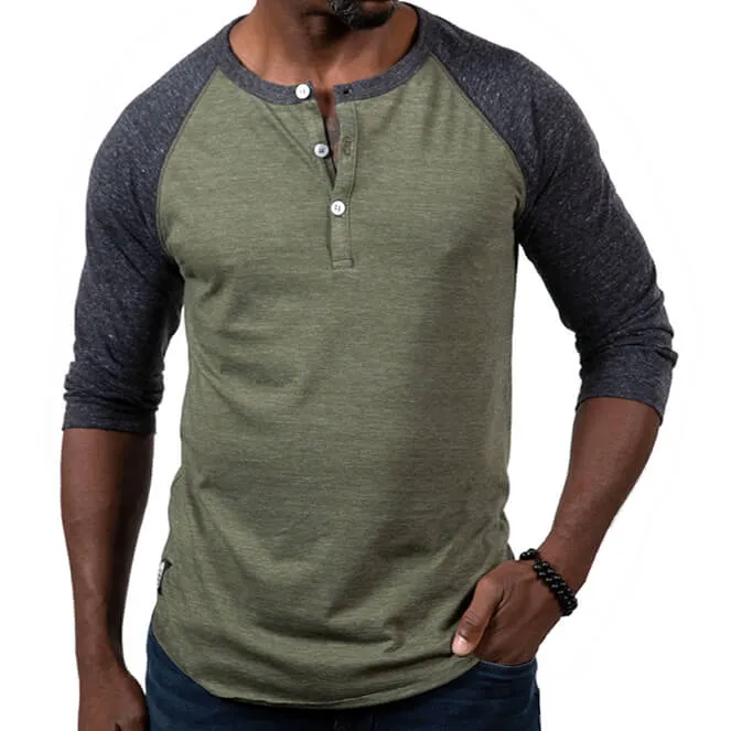 Olive & Charcoal Grey Contrast 3/4 Raglan Sleeve Tri-Blend Henley Shirt