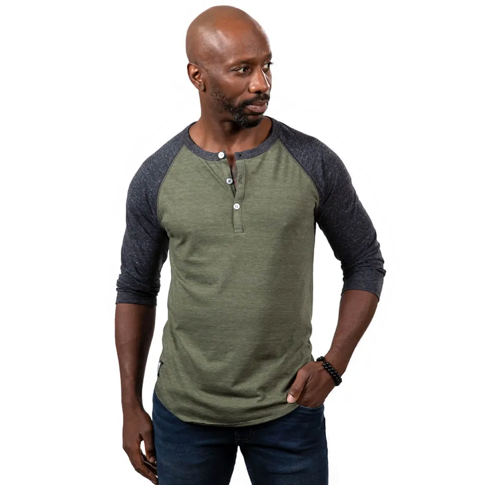 Olive & Charcoal Grey Contrast 3/4 Raglan Sleeve Tri-Blend Henley Shirt