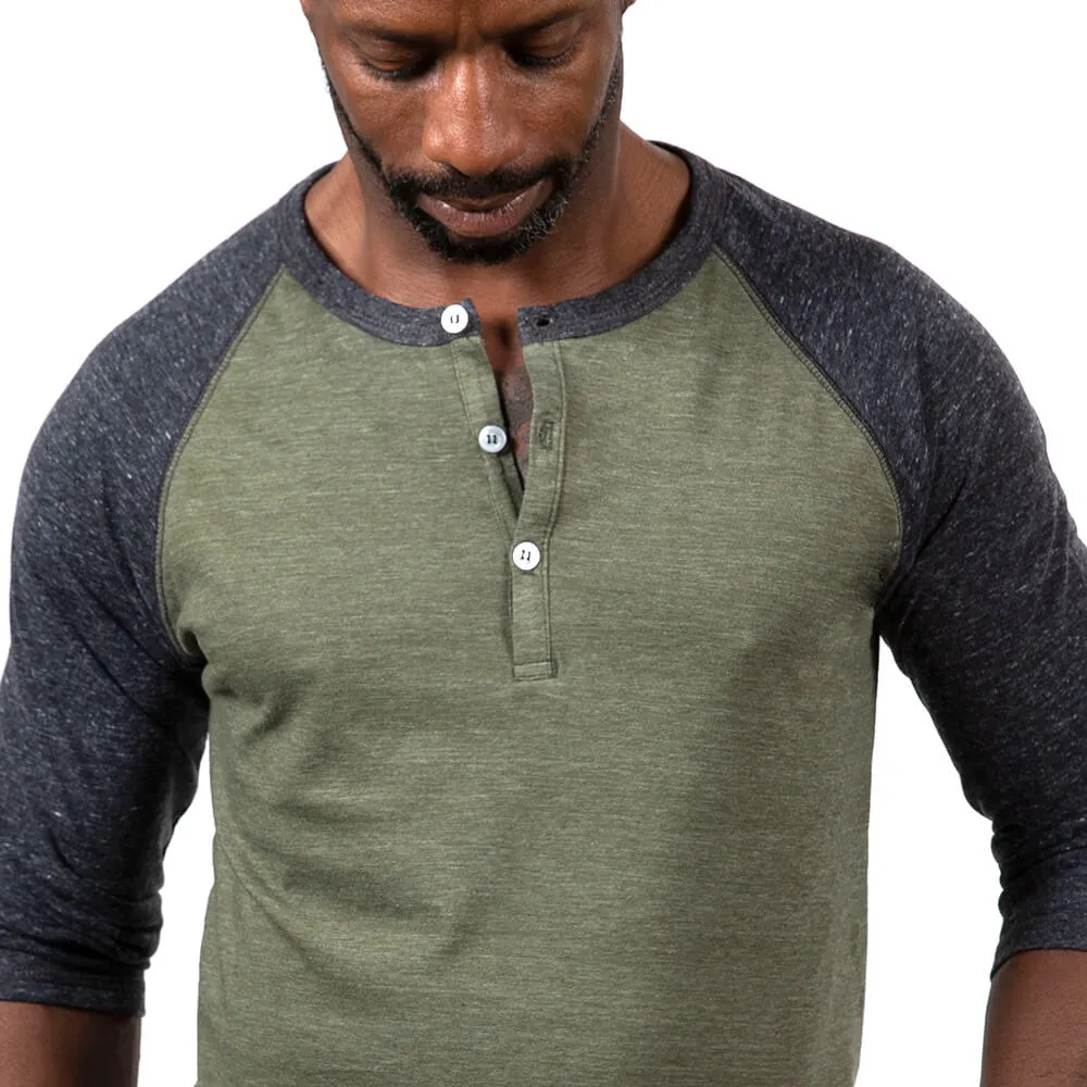 Olive & Charcoal Grey Contrast 3/4 Raglan Sleeve Tri-Blend Henley Shirt