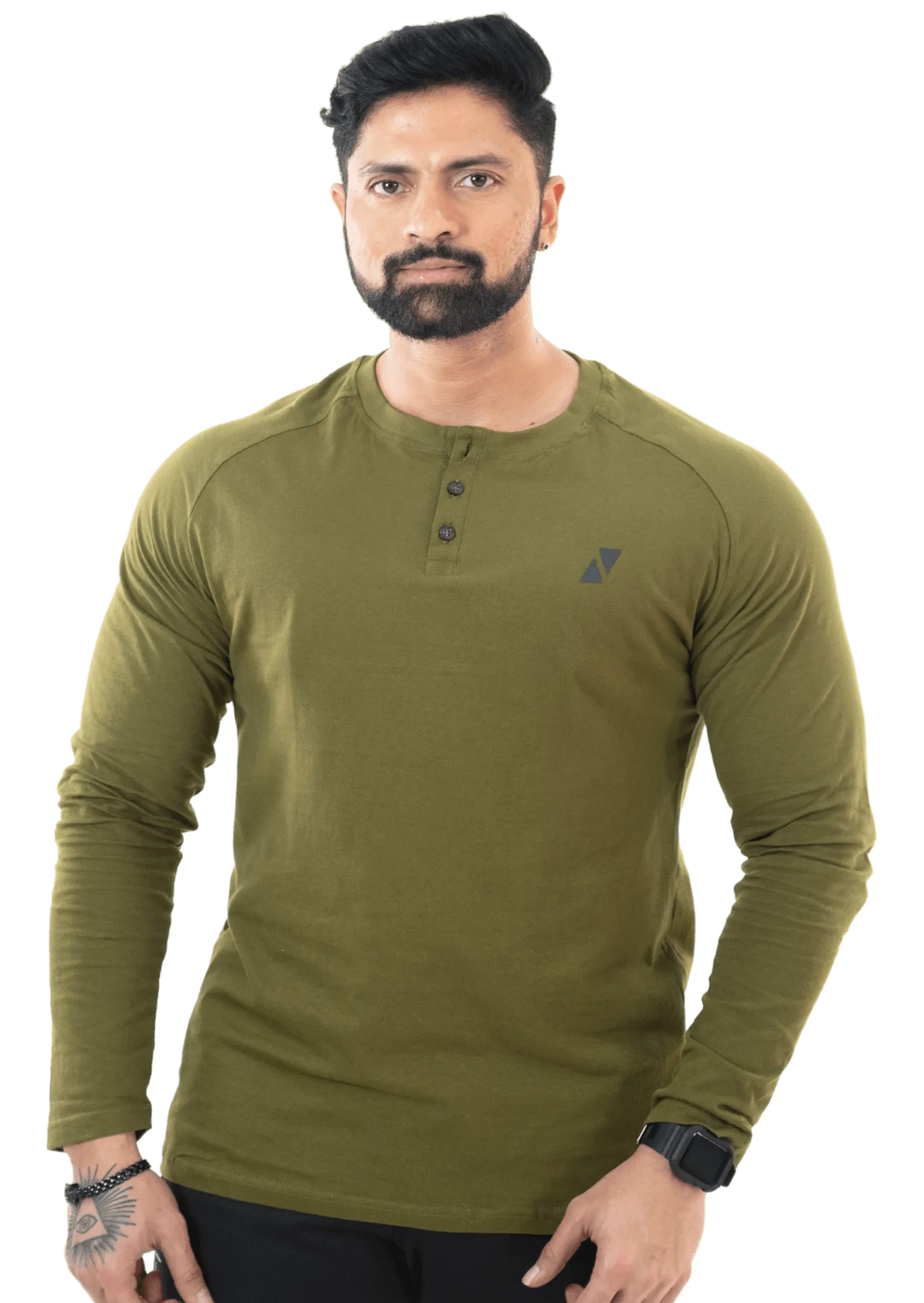 Olive Green Full Sleeves Henley Tee