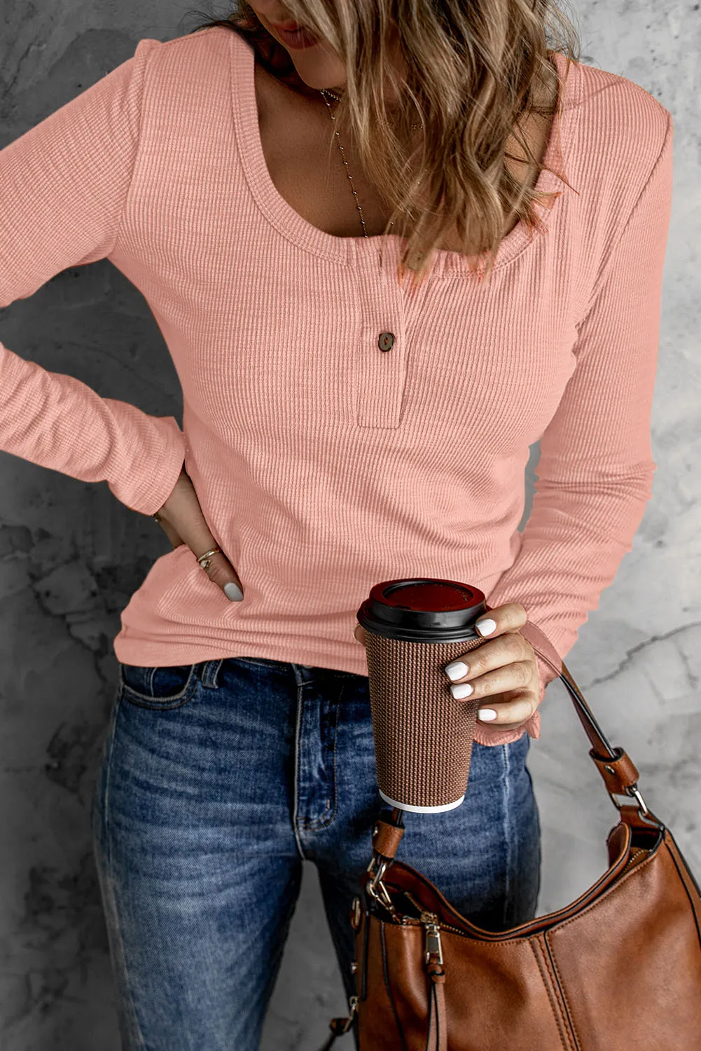 Pink Ribbed Scoop Neck Casual Long Sleeve Henley Shirt for Women