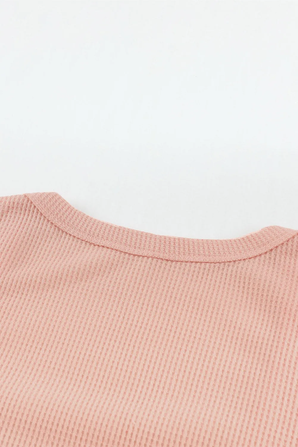 Pink Ribbed Scoop Neck Casual Long Sleeve Henley Shirt for Women