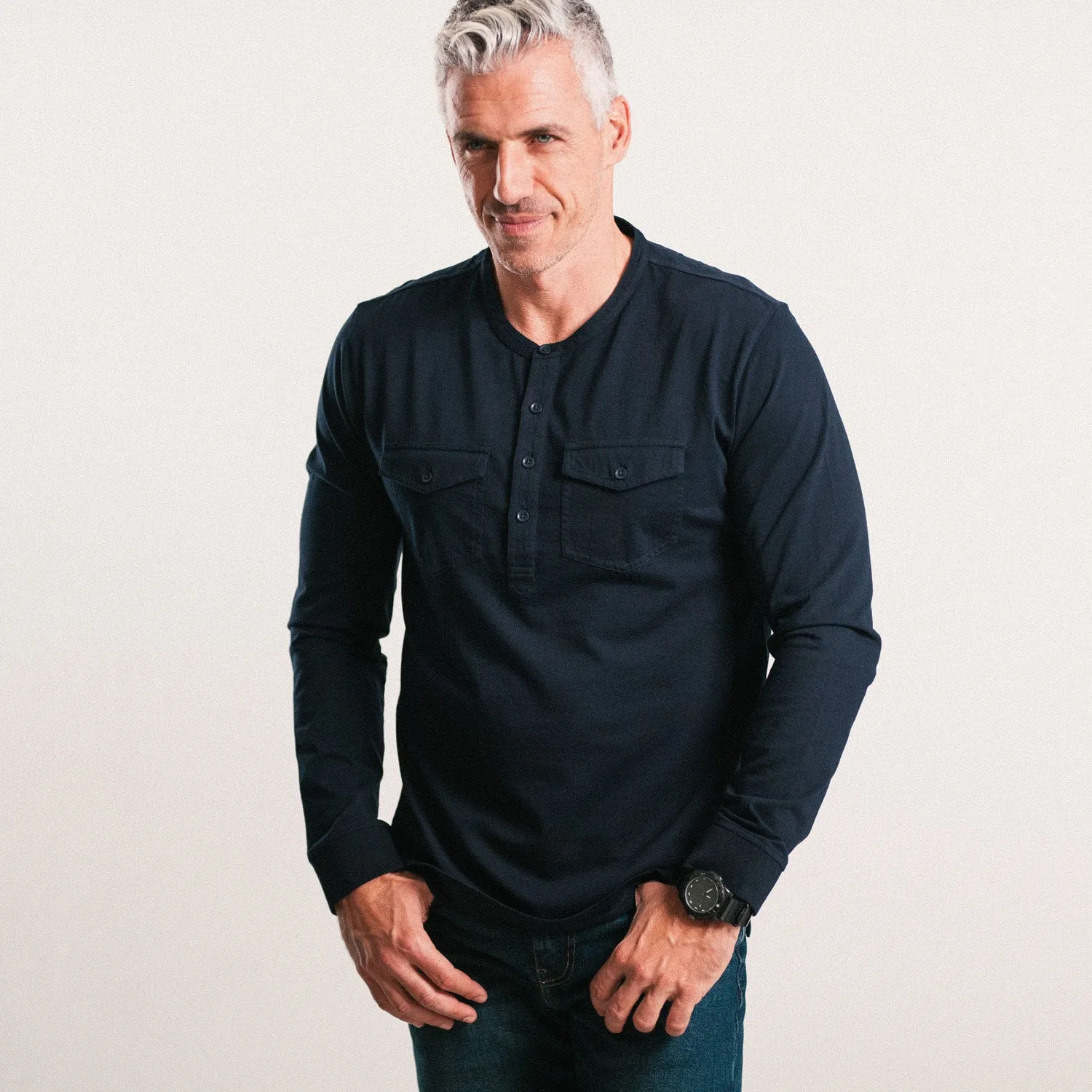 Pioneer Henley Shirt –  Navy Cotton Jersey