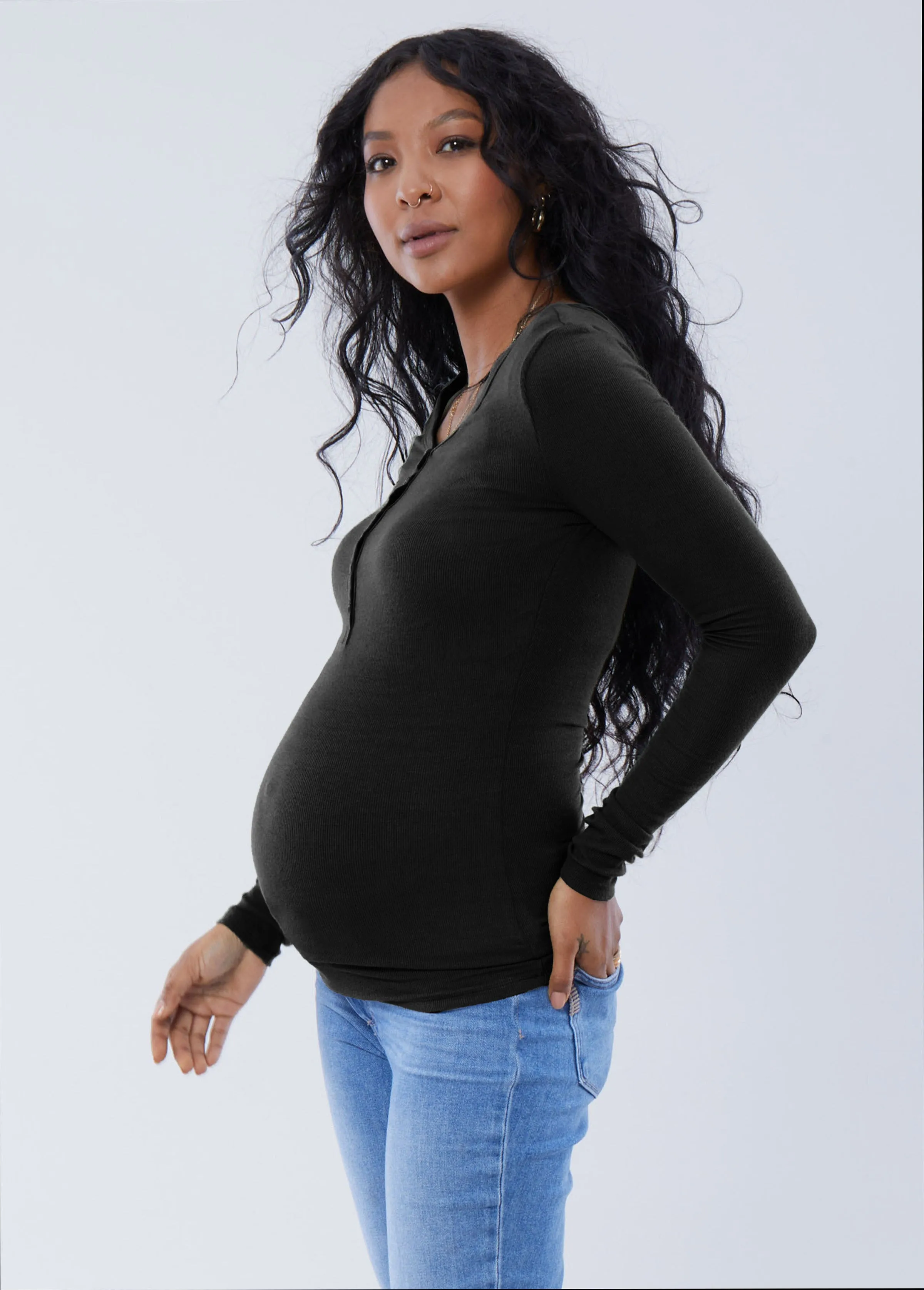 Rib Henley Long Sleeve Maternity   Nursing Top