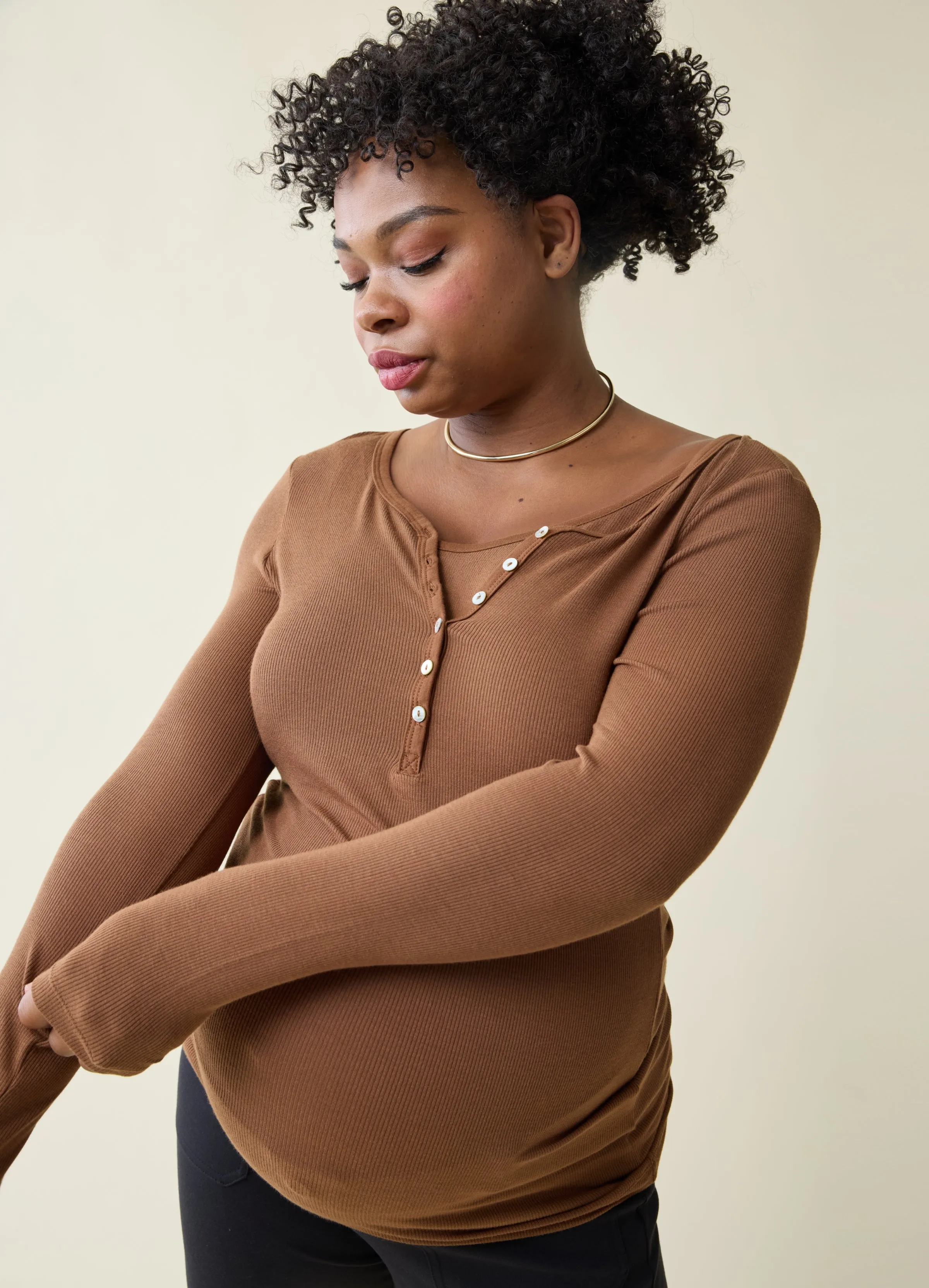 Rib Henley Long Sleeve Maternity   Nursing Top