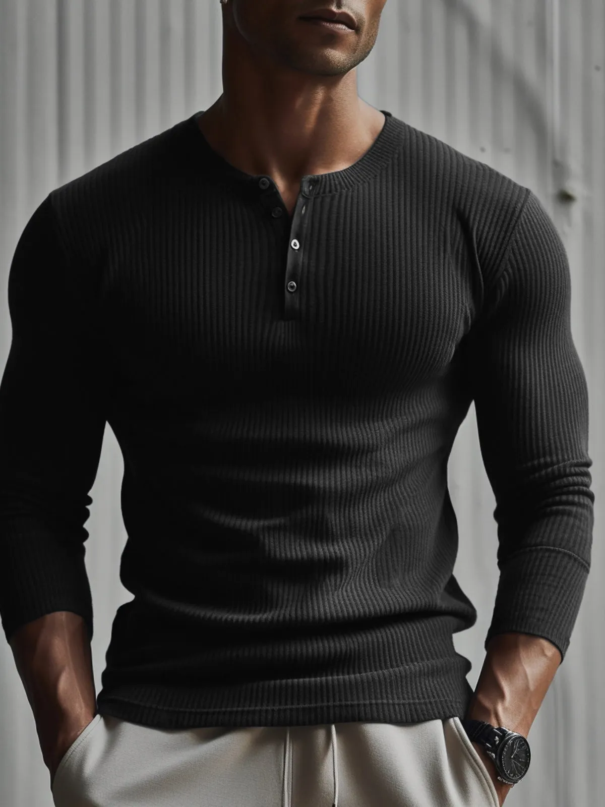 Rib Knit Curved Hem Long Sleeve Henley Shirt