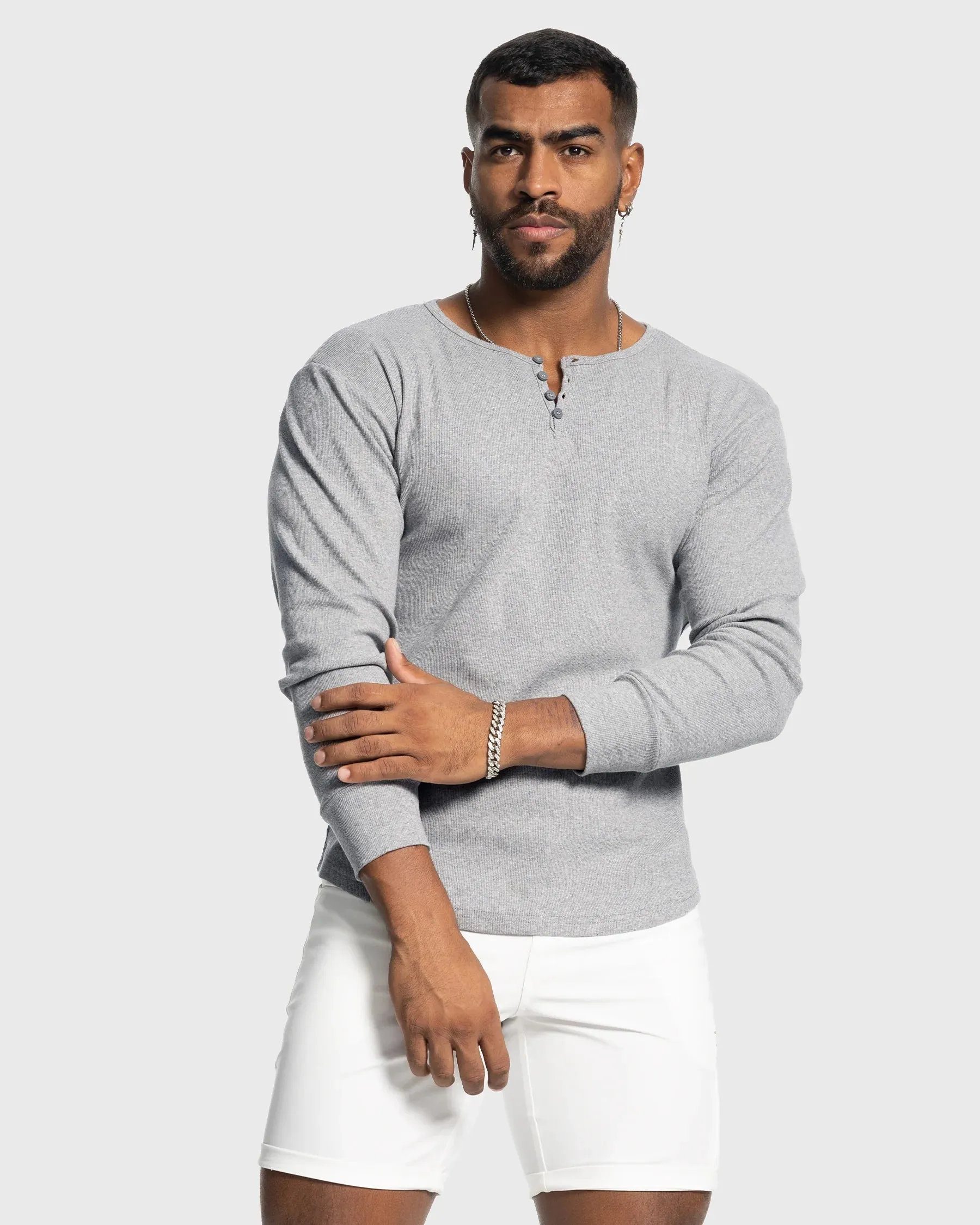 Rib Knit Curved Hem Long Sleeve Henley Shirt