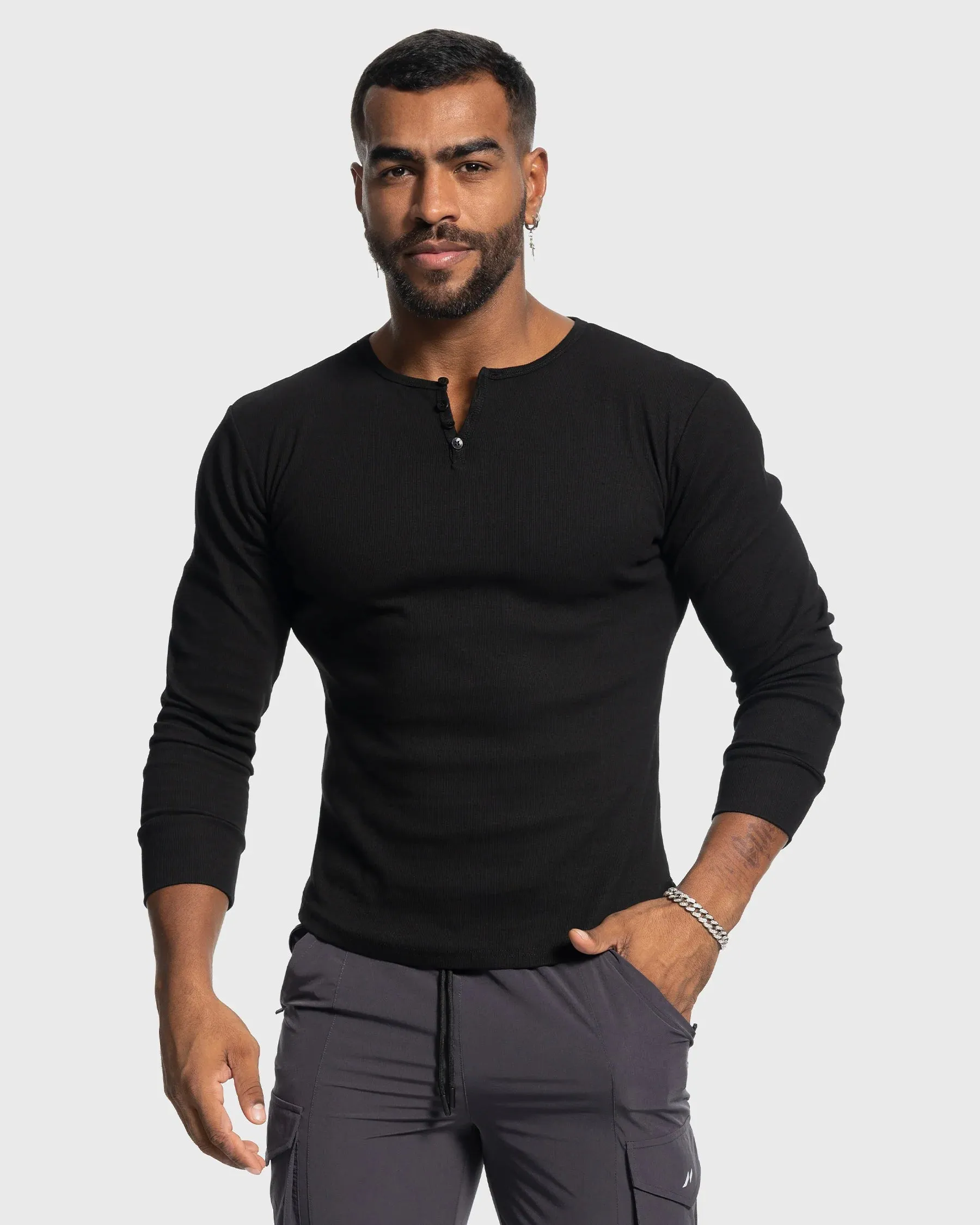 Rib Knit Curved Hem Long Sleeve Henley Shirt