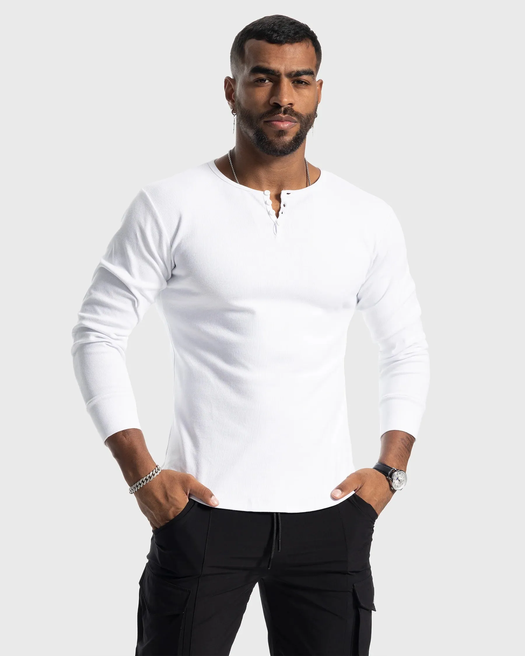 Rib Knit Curved Hem Long Sleeve Henley Shirt