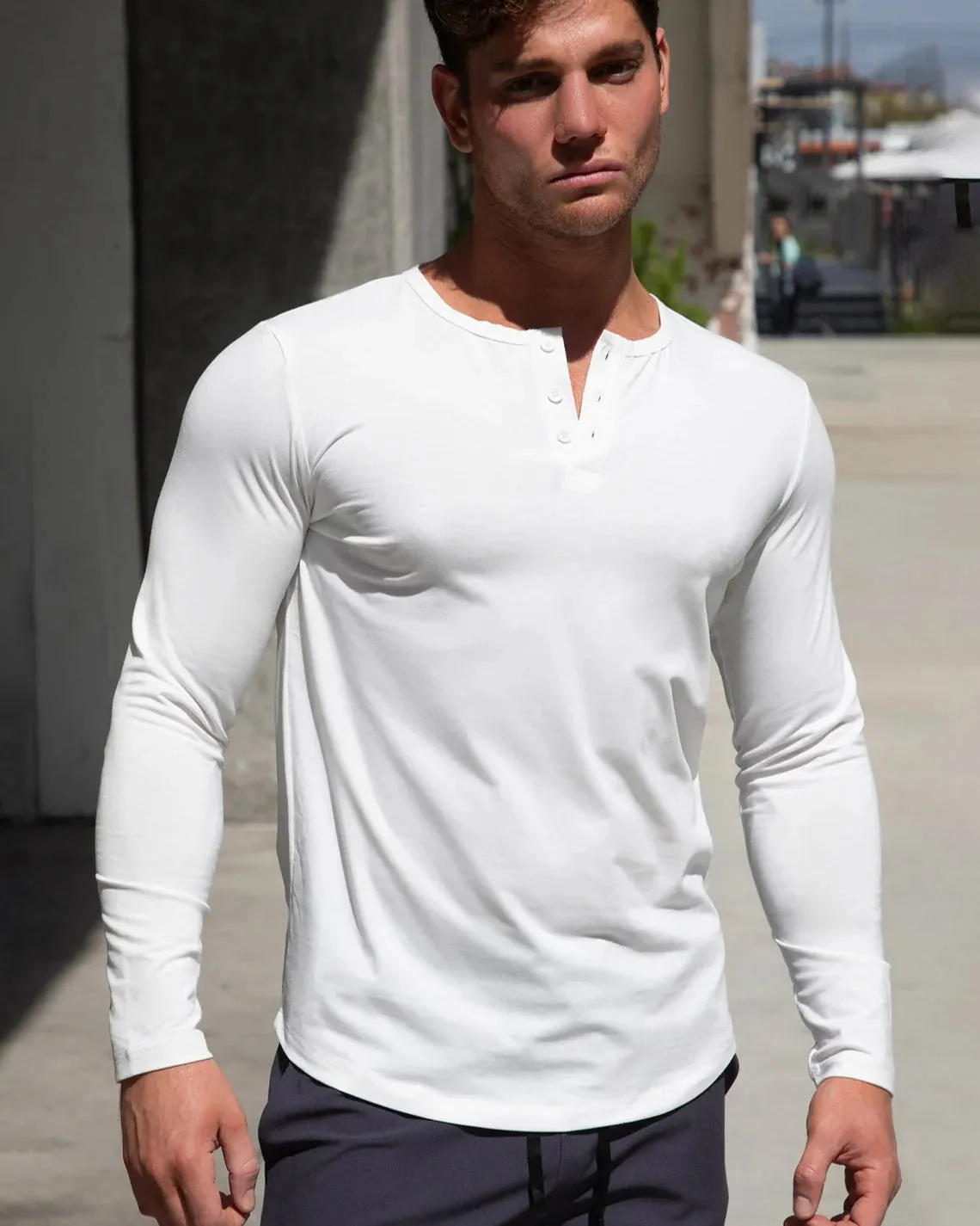 Rib Knit Curved Hem Stretch Long Sleeve Henley Shirt