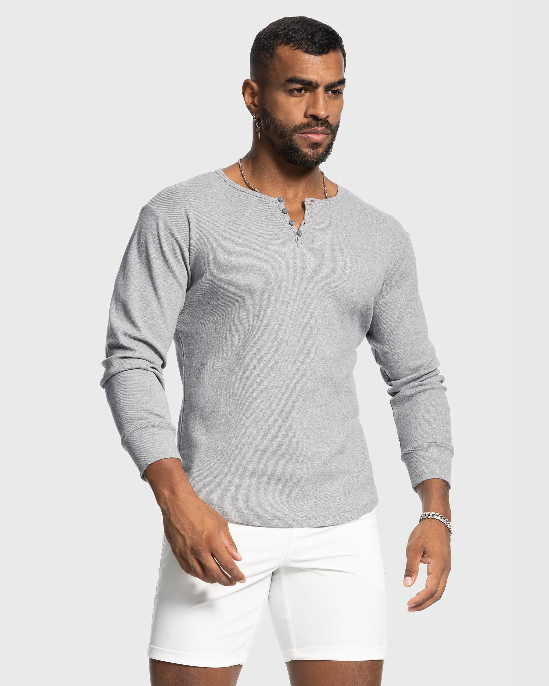 Rib Knit Curved Hem Stretch Long Sleeve Henley Shirt