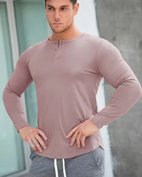 Rib Knit Curved Hem Stretch Long Sleeve Henley Shirt