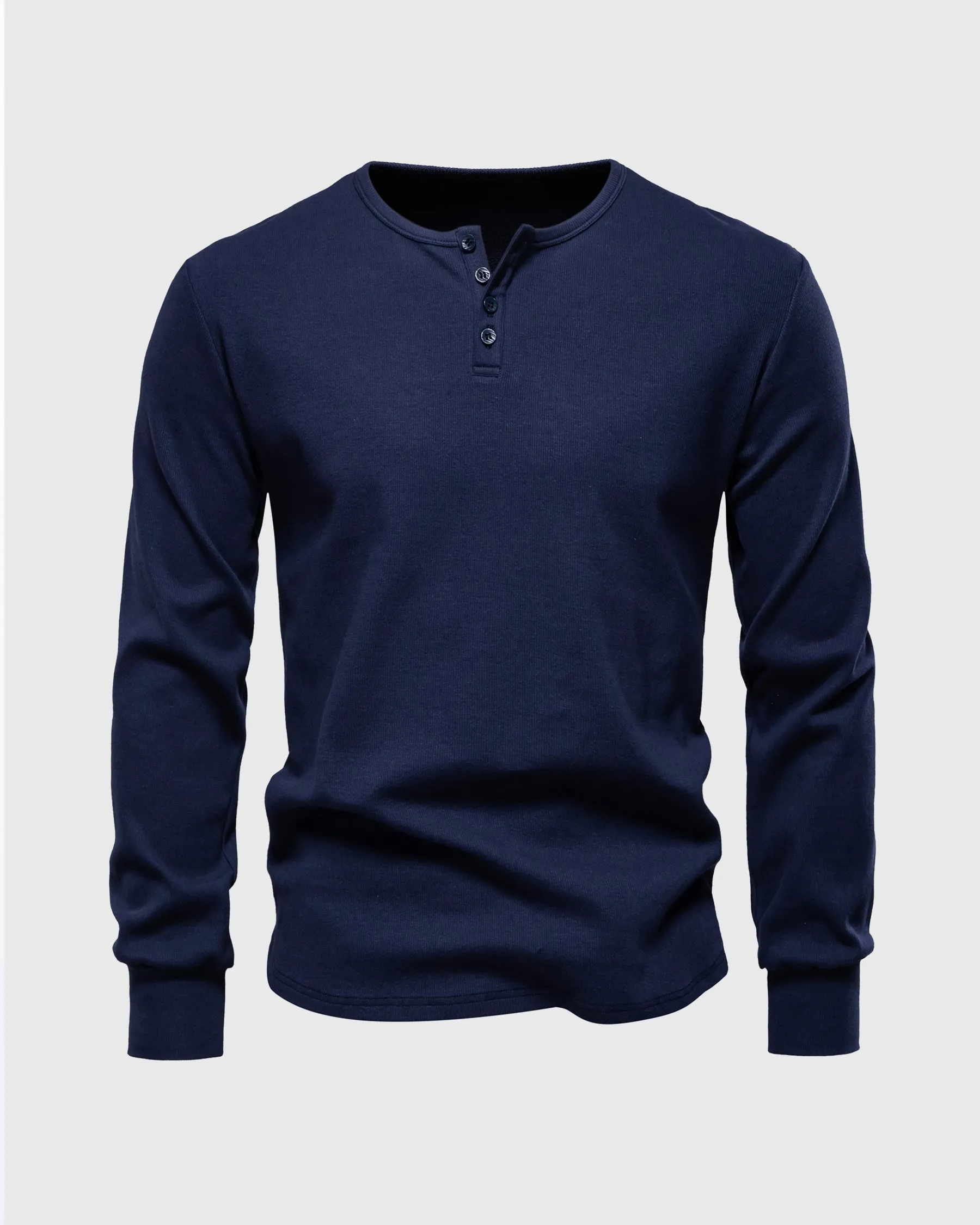 Rib Knit Curved Hem Stretch Long Sleeve Henley Shirt