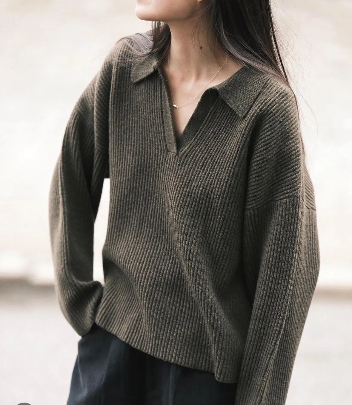 Ribbed Olive Collared V-Neck Jumper