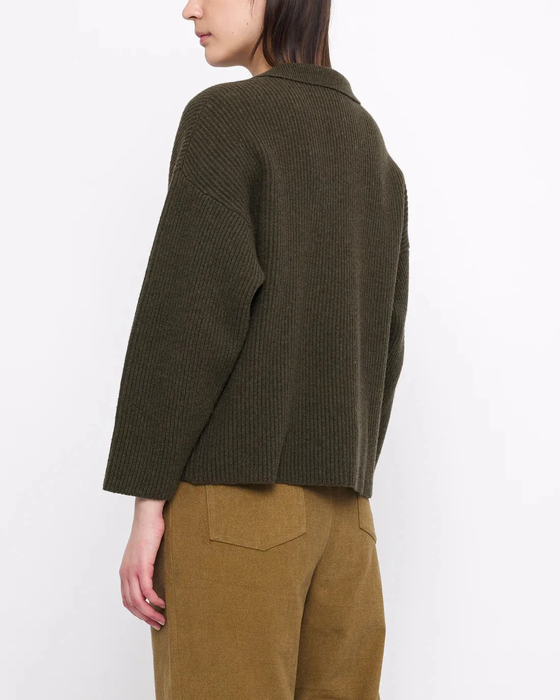 Ribbed Olive Collared V-Neck Jumper