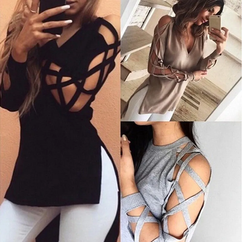 Sexy Women T Shirts Deep V Hollow Cut Out Sleeve Tee shirt Short Front And Long Back Tops Tees Split Cool Women T shirt LJ4915E