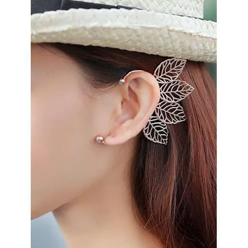 Silver Statement Ball Detail Leaf Ear Cuff