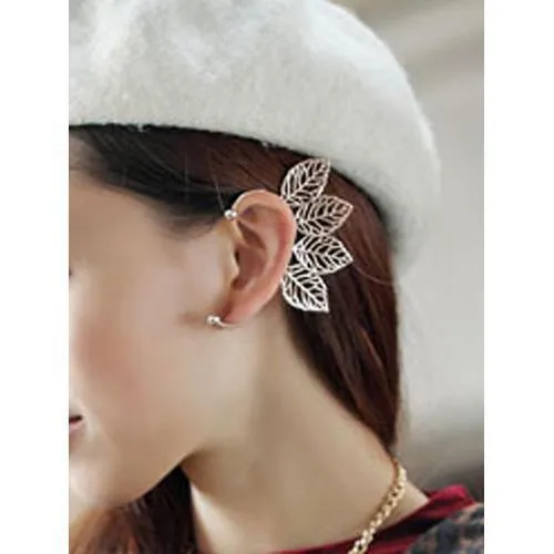 Silver Statement Ball Detail Leaf Ear Cuff