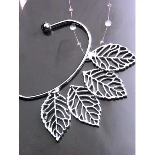 Silver Statement Ball Detail Leaf Ear Cuff