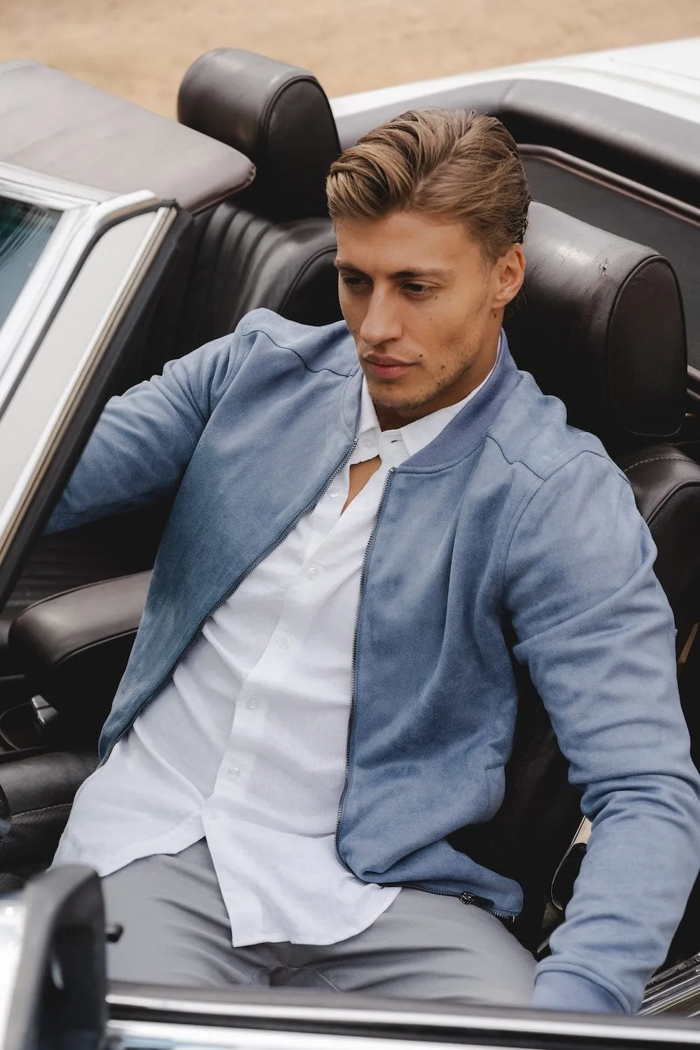 Suede Look Bomber Jacket in Slate Blue