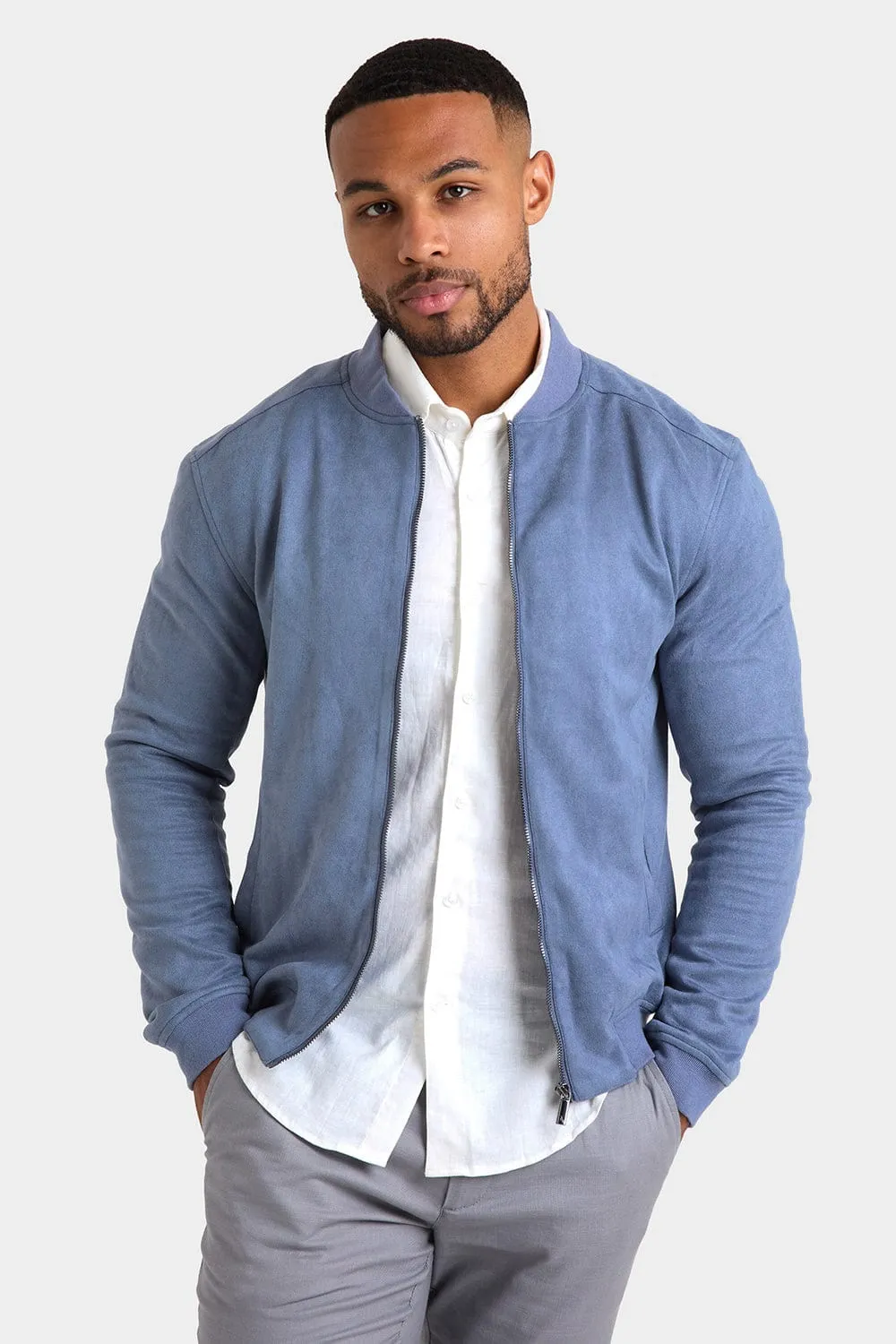 Suede Look Bomber Jacket in Slate Blue