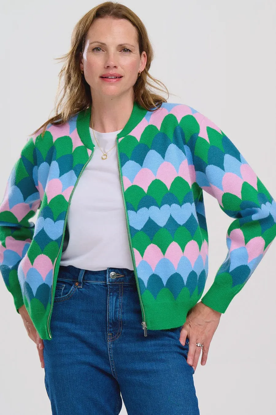 Sugarhill Brighton Solana Knitted Bomber Multi Heart Scallop