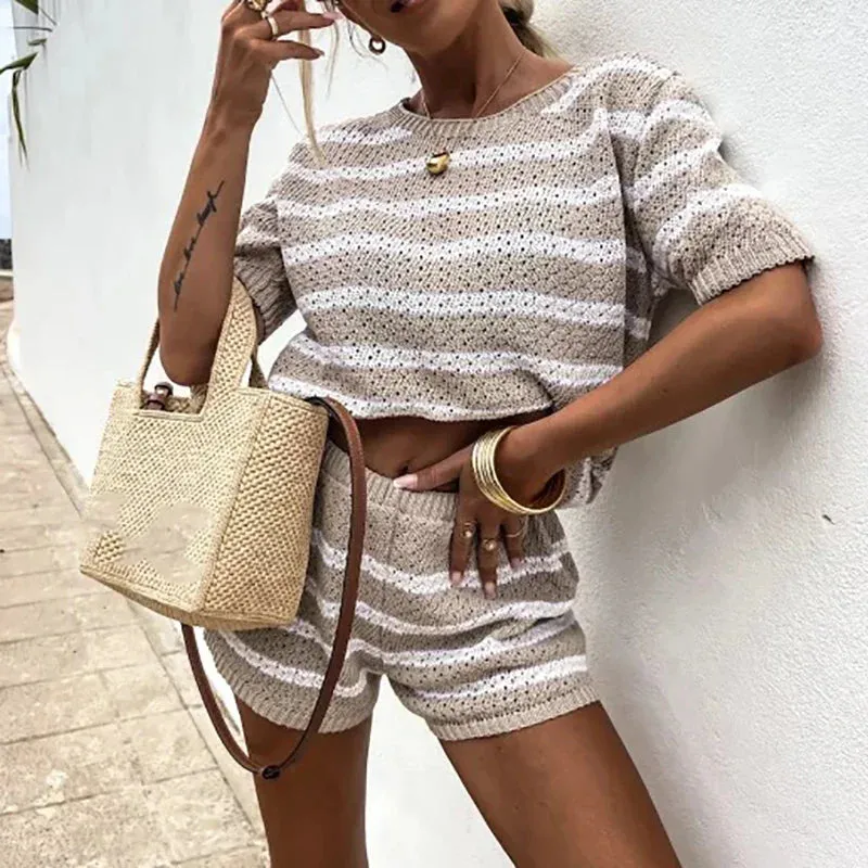 Summer Loose Short-sleeved Shirt Hawaii Holiday Knitted Beach Striped Set