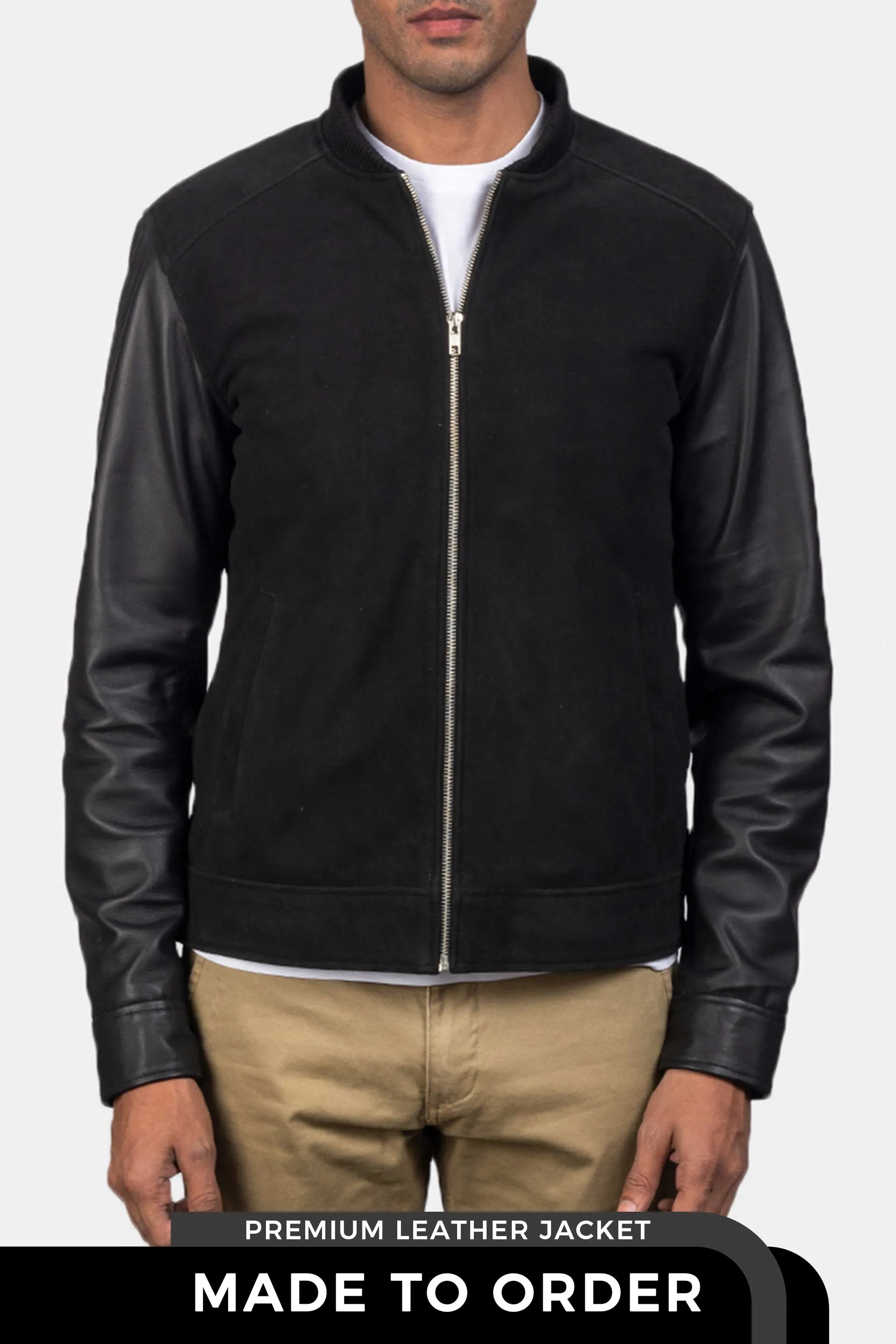 The Apex | Men's Black Plain Suede Hybrid Bomber Jacket