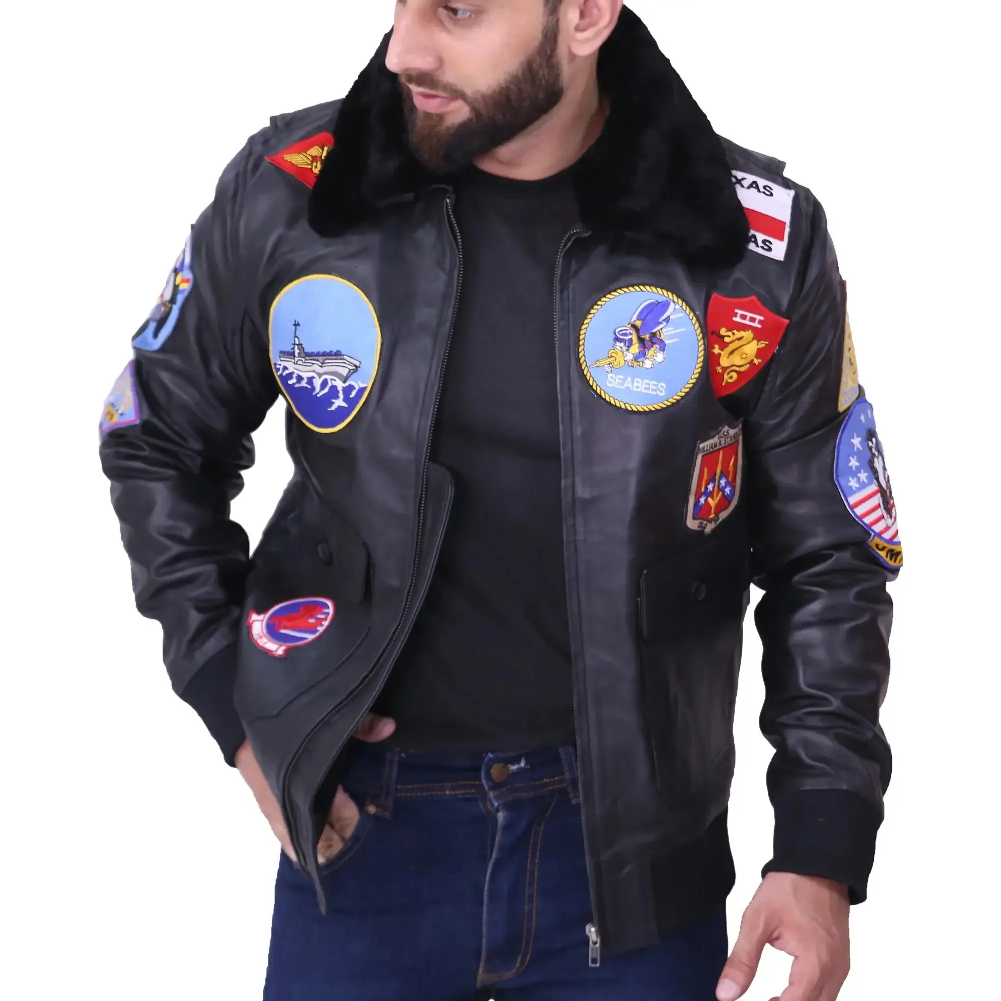 Top Gun Maverick Fur Collar Black Bomber Jacket