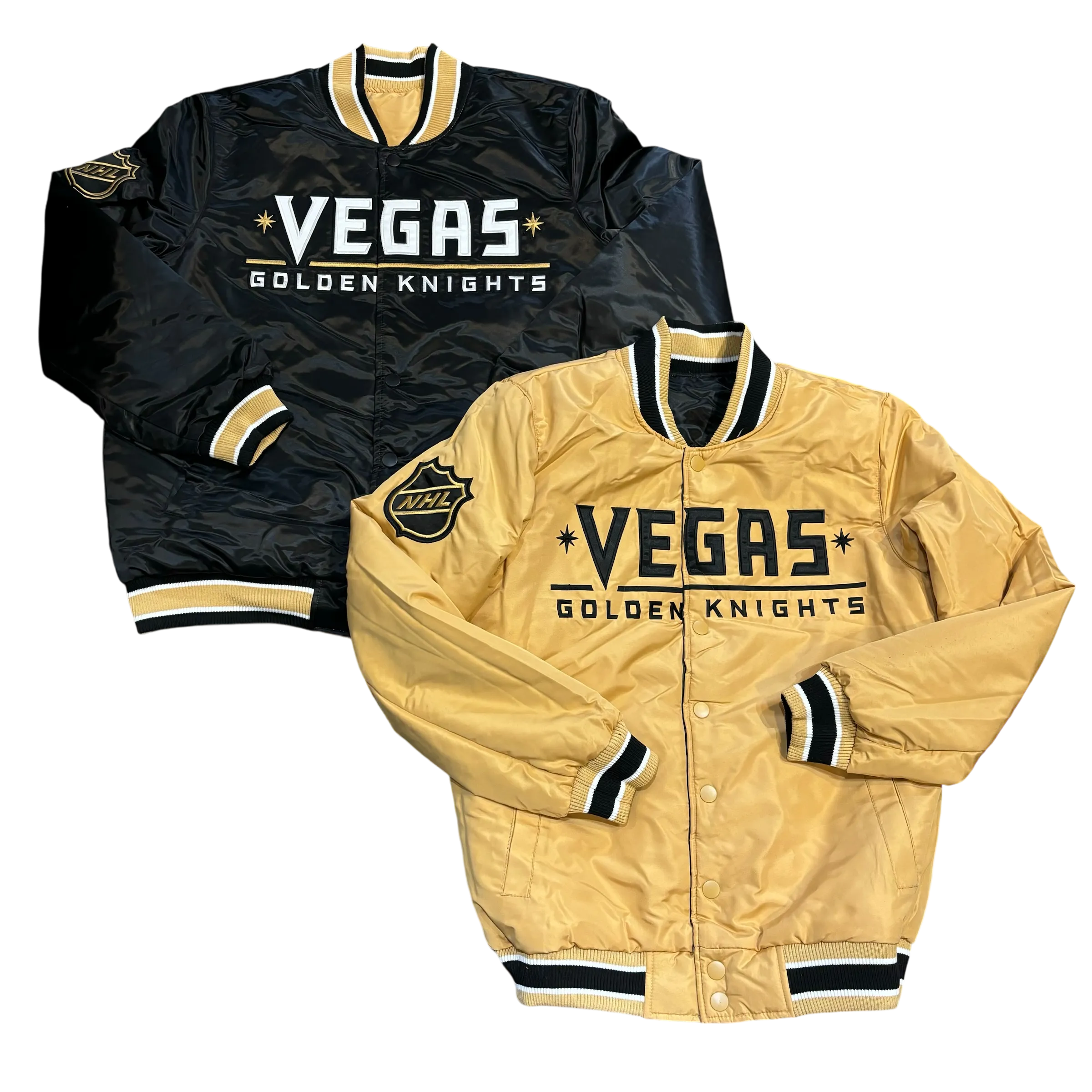 Vegas Golden Knights Varsity Full-Snap Reversible Satin Bomber Jacket - Black/Gold