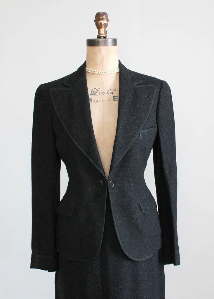 Vintage 1930s Black Tailored Wool Suit