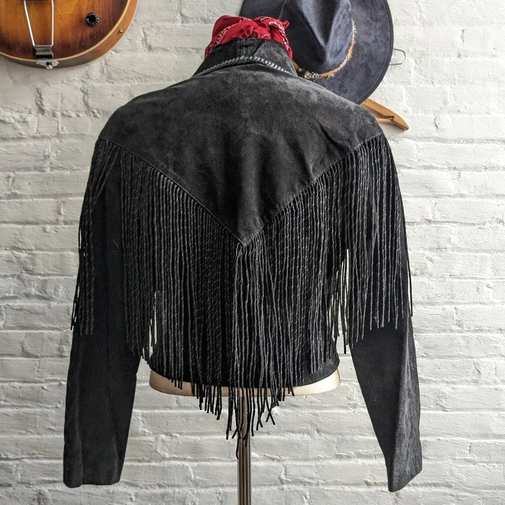 Vintage Black Leather Cropped Biker Jacket Fringe Cowgirl Western Bomber Coat