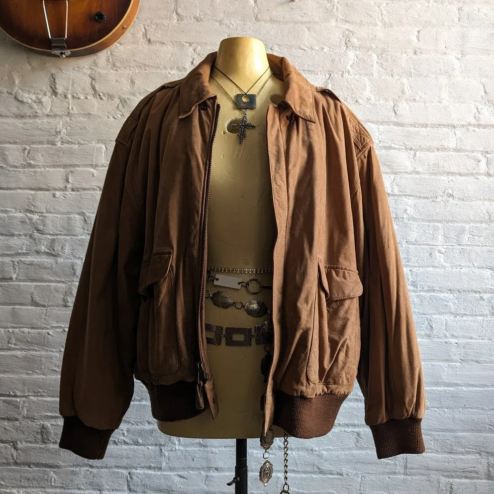 Vintage Brown Genuine Leather Bomber Jacket Aviator Earthtone Pilot Neutral Coat