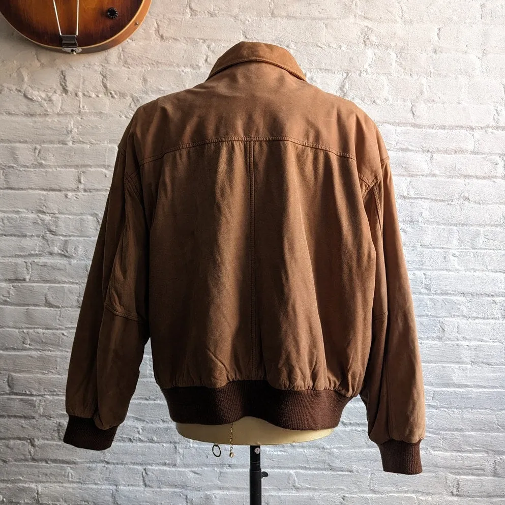 Vintage Brown Genuine Leather Bomber Jacket Aviator Earthtone Pilot Neutral Coat