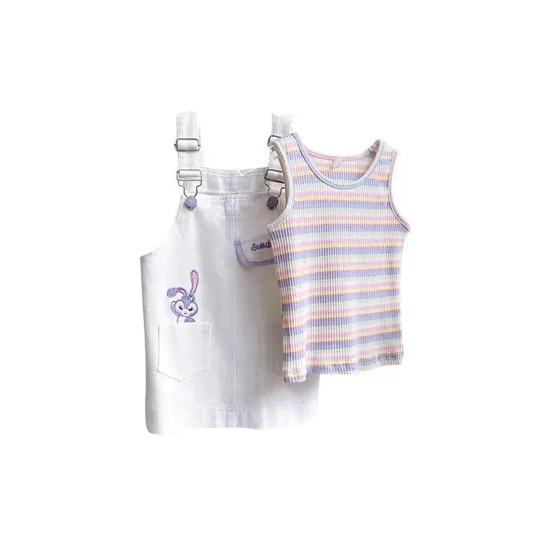 White Denim Dungaree Dress Set with Pastel Stripey Vest for Girls