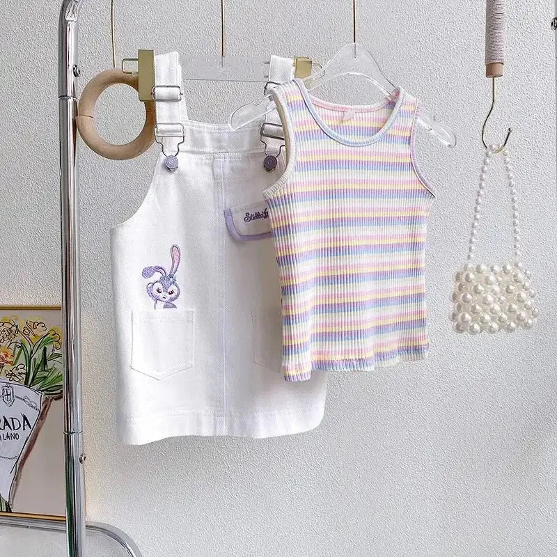 White Denim Dungaree Dress Set with Pastel Stripey Vest for Girls