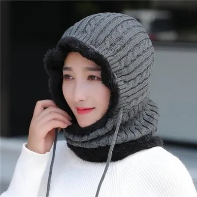 Woman Thick Warm Knitted Windproof  Beanies and Mask Balaclava